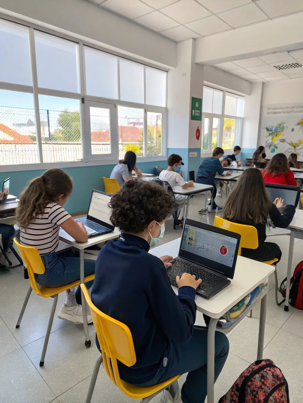 A diverse group of students collaborating on a data science project, using laptops and discussing findings, set in a modern classroom environment in the UK.