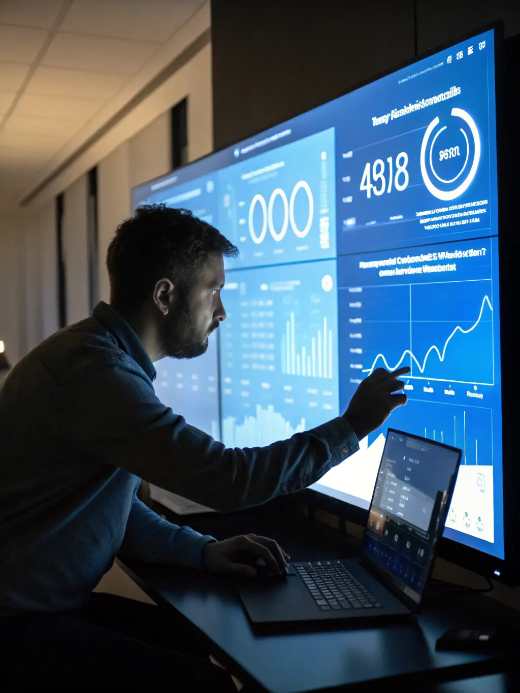 A professional data scientist presenting a data visualization dashboard to a team, showcasing key performance indicators and trends.