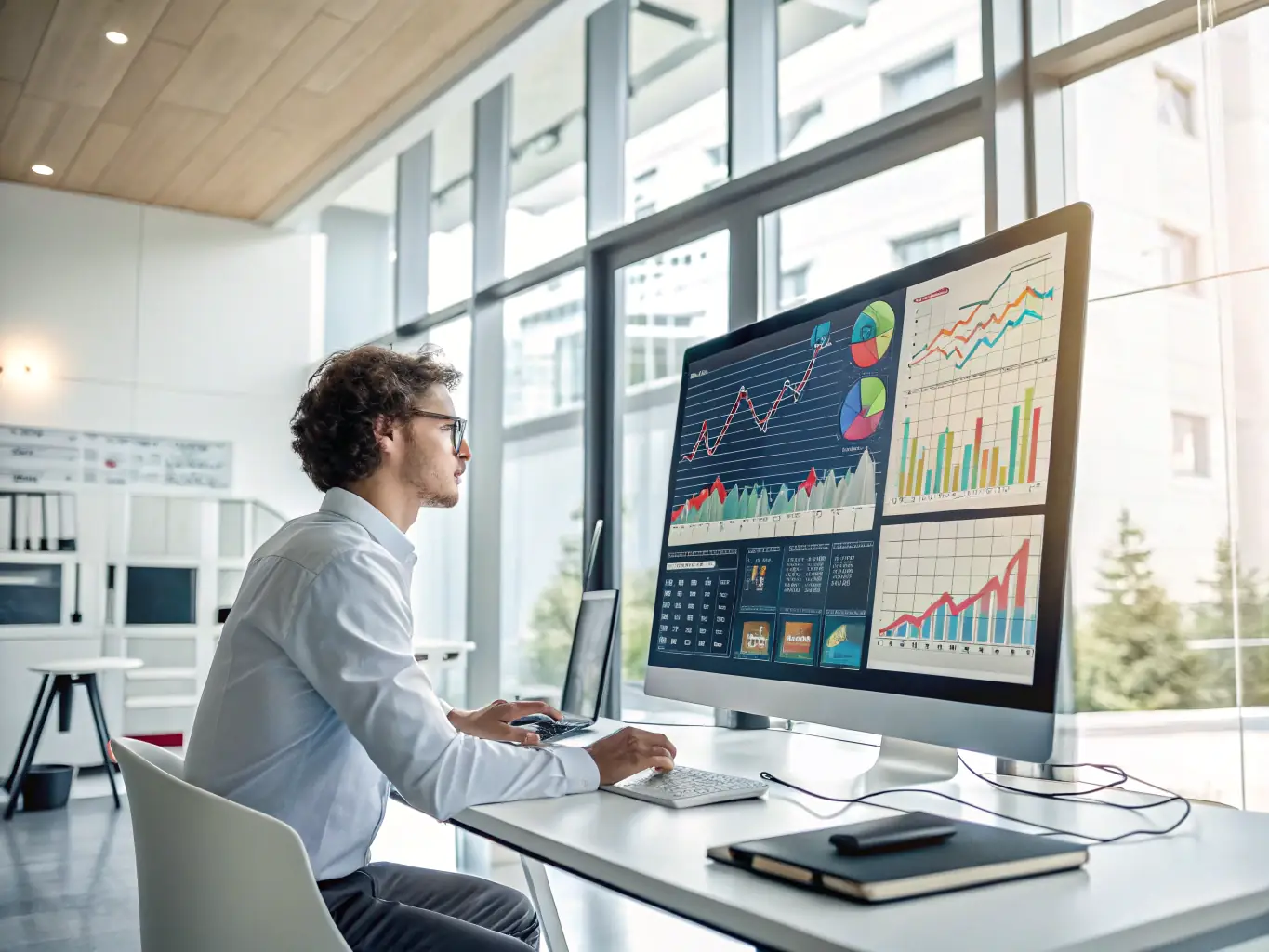 A data scientist working on a complex machine learning model, surrounded by visualisations and code, in a modern office setting in London.